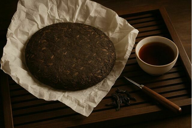 A pressed pu-erh tea cake on a wooden tea tray with a cup of dark pu-erh tea