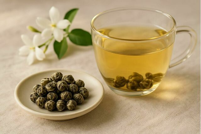 Hand-rolled jasmine dragon pearl tea next to a glass cup of pale golden tea and jasmine flowers