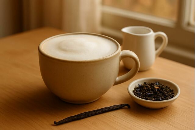 A London Fog Earl Grey latte with milk foam in a ceramic mug next to loose Earl Grey tea