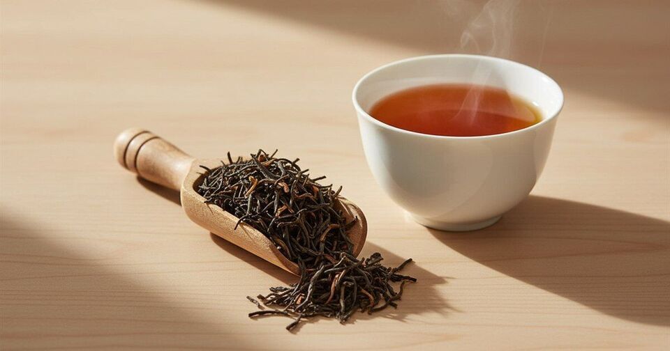 Whole black tea leaves with golden tips on a wooden scoop next to a cup of amber orange pekoe tea